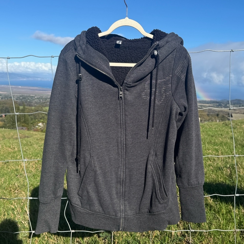 FOX Racing Y2k 90s Motocross Grunge Sherpa lined Zip up Hooded Sweatshirt Gray